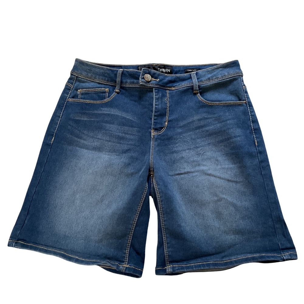 Thorn Curvy Fit Denim Bermuda Shorts Blue Wash Size 12 Whiskered Flap‎ Pocket